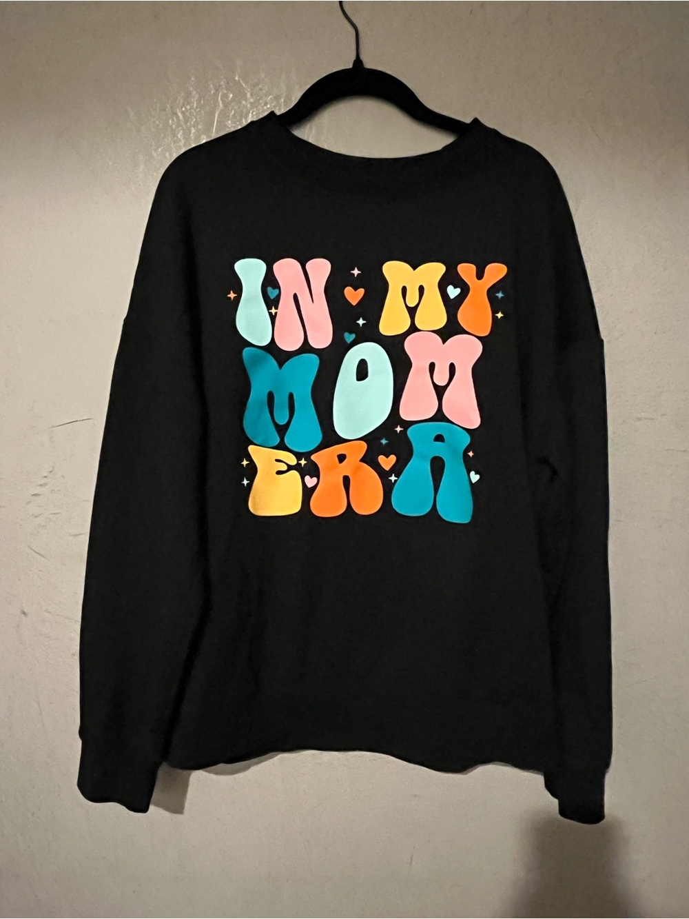 Amazon Black Crewneck Sweatshirt with Colorful 'In My Mom Era' Graphic